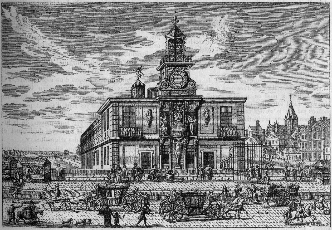 La Samaritaine, vannpumpe plassert på broen Ny gravering fra 1600-tallet. Gravering i "" Nature. Gjennomgang av vitenskap og dens anvendelser på kunst og industri. av Unknown artist