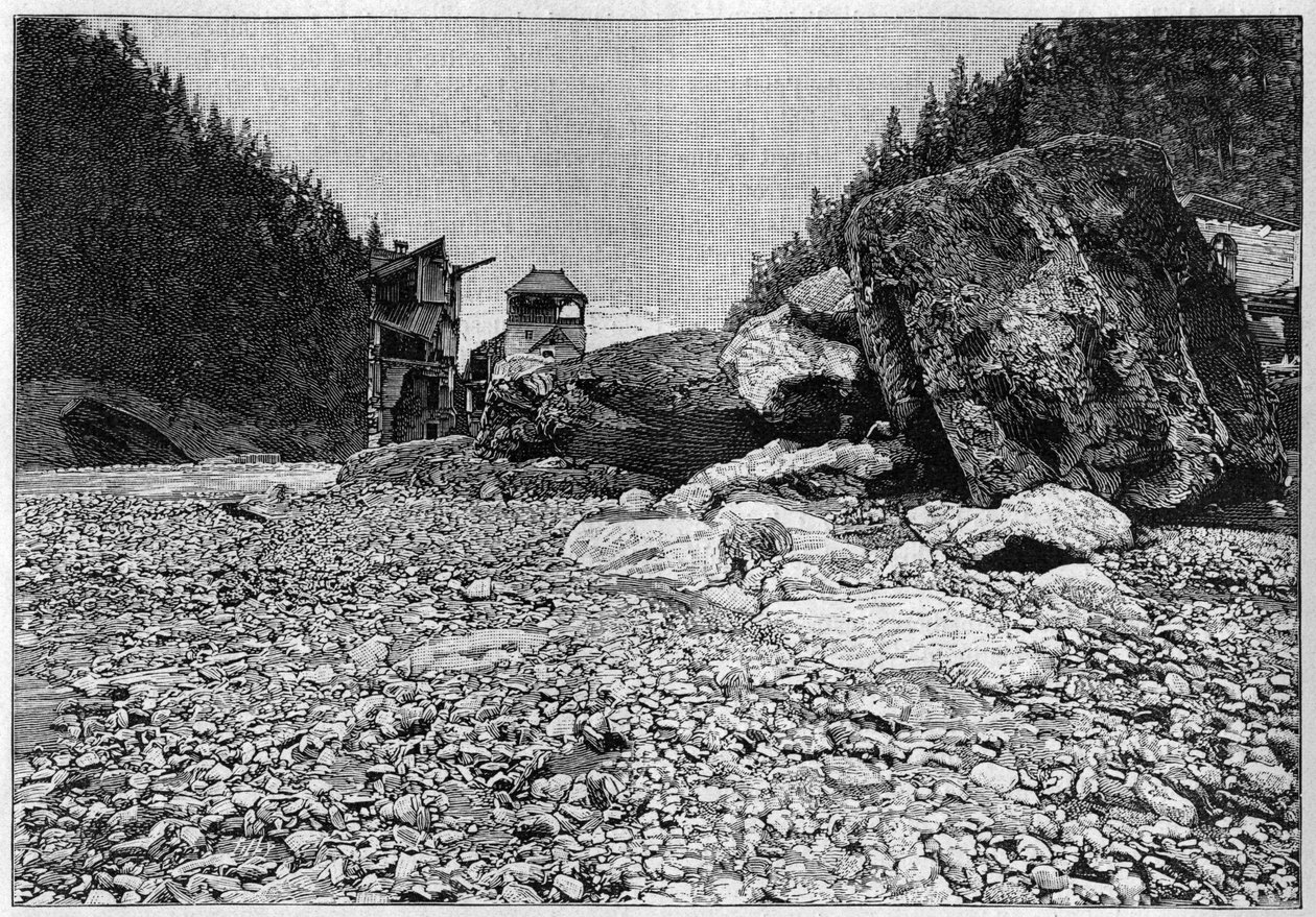 La catastrophe de Saint-Gervais (Saint Gervais) eller catastrophe du glacier de la Tete Rousse (departementet Haute-Savoie) (12.-13. juli 1892) - Bains de Saint-Gervais etter katastrofen med de enorme blokkene som ble transportert av elven, Gravering i ""  av Unknown artist