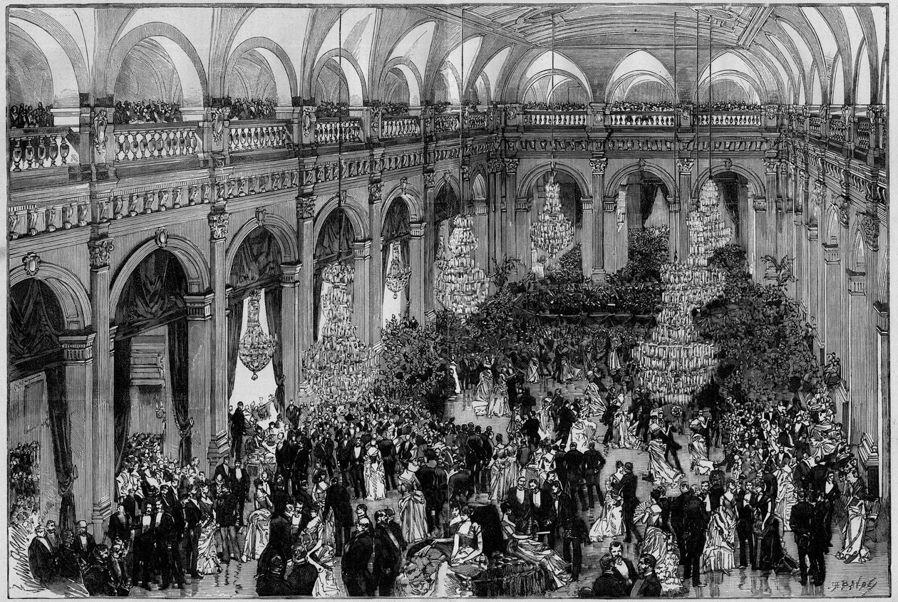 Den store salen til Hôtel de Ville i Paris under den årlige feiringen av kommunen. gravering i "Den illustrerte verden"" 1885 av Unknown artist