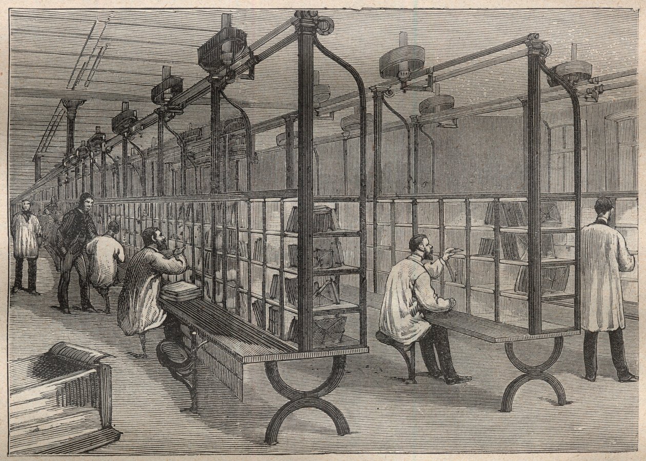 Brevpost: sortering av konvolutter på Hotel des Posts i Paris - Gravering i "La Science francaise"" av Unknown artist