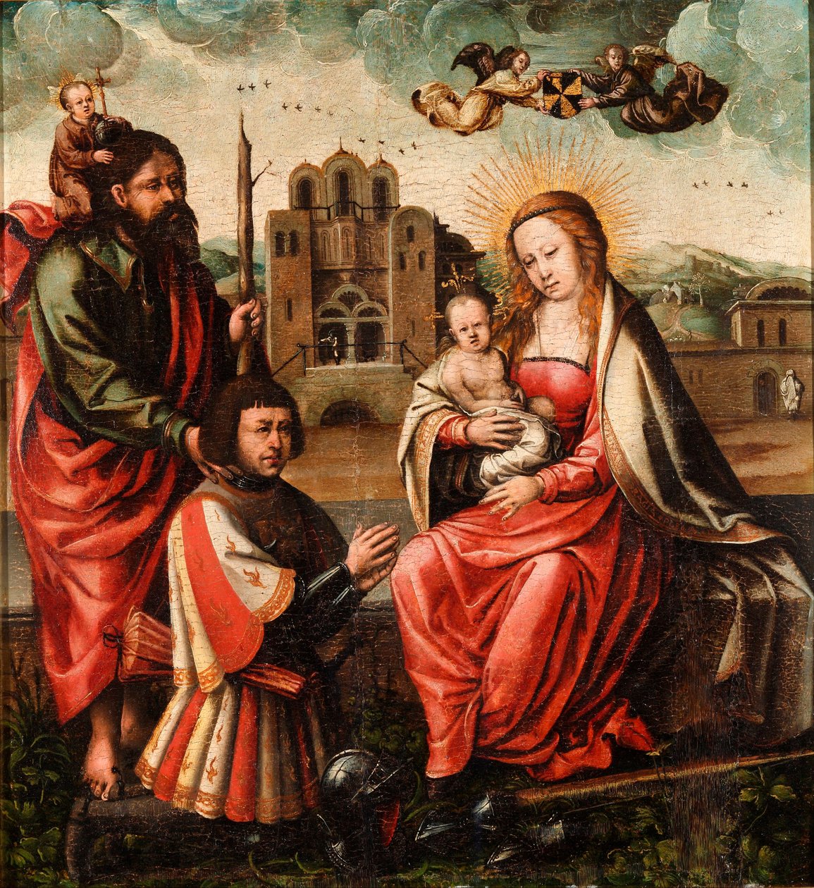 ""Jomfruen til Christopher Columbus"" (Jomfruen til Cristobal Colon) Jomfru og barn med Christopher Columbus og Saint Christopher Anonym maleri 1540 - Olje på tre Dim 52x48 cm Museo Lazaro Galdiano, Madrid av Unknown artist