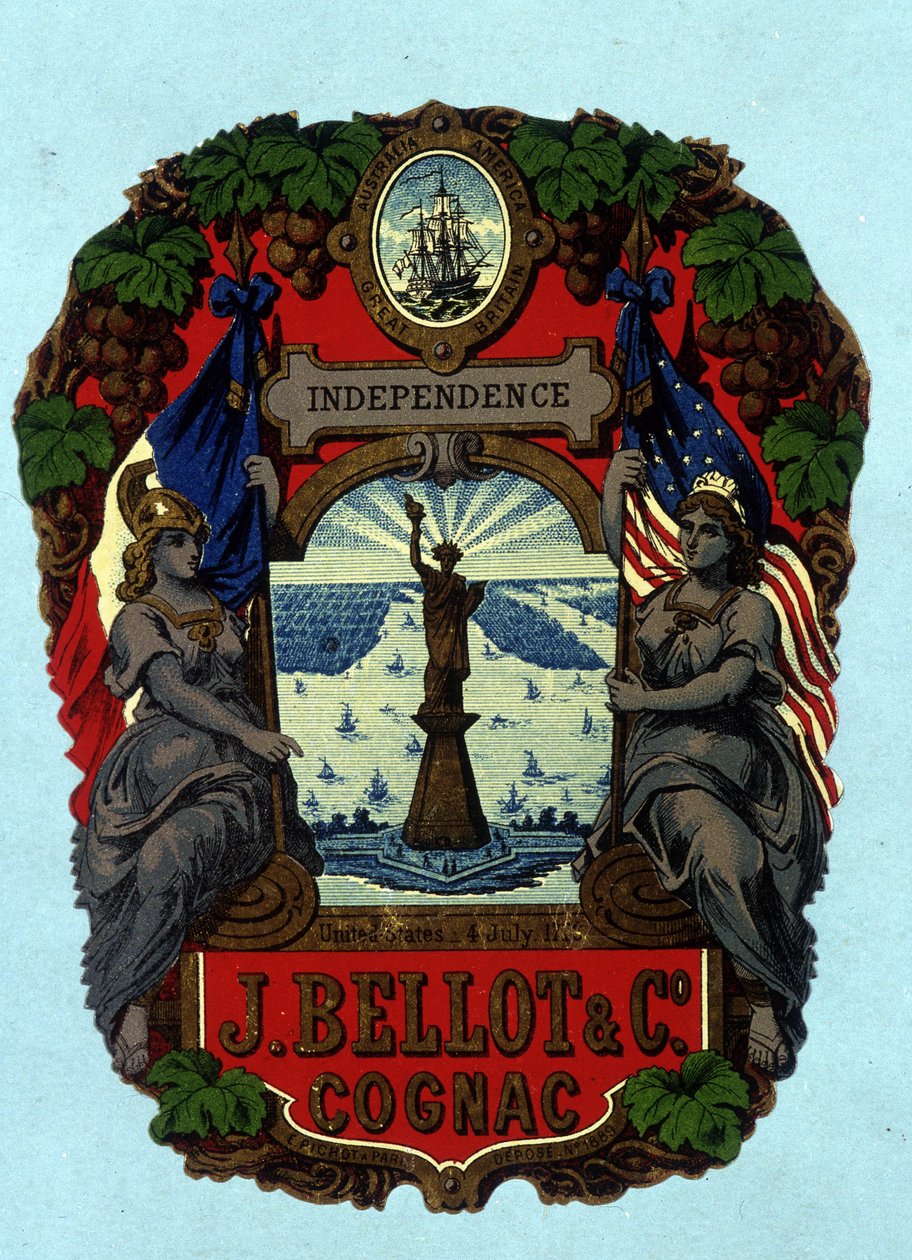 Etikett "" Independence - J. Bellot & C¡. Cognac"" (Frihetsgudinnen). Kromolitografi, n.d.. av Unknown artist