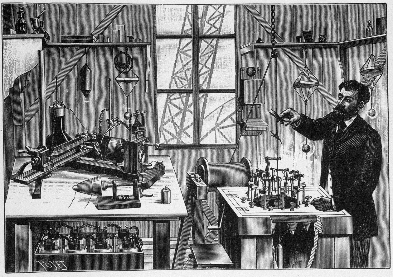 Laboratoriet til Gustave Eiffel på den andre plattformen til tårnet - gravering av Unknown artist
