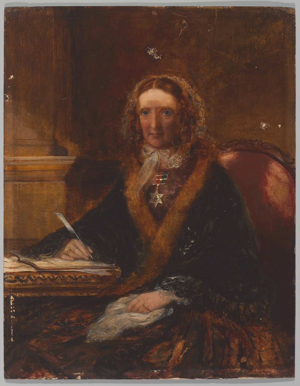 Lady Gough, iført Maharajpoor-stjernen, en av fire damer som mottok denne dekorasjonen for å være til stede i slaget 29. desember 1843 (olje om bord) av Unknown artist