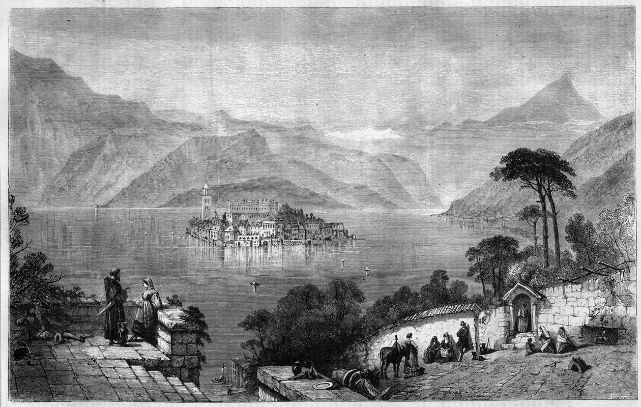 Lake Orta (Lake Cusio) (in the middle of the island of San Giulio (Saint Jules) in the province of Novara in Italy. Engraving from 1865. av Unknown artist