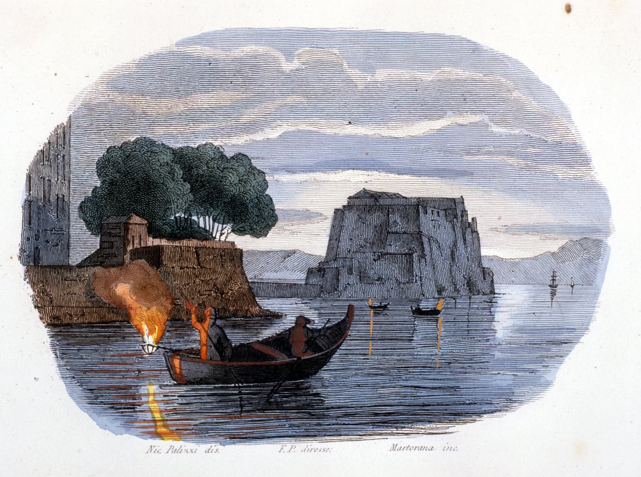 Lamparo-fiske, en lampe som brukes til å tiltrekke fisk, i Napolibukta. av Unknown artist