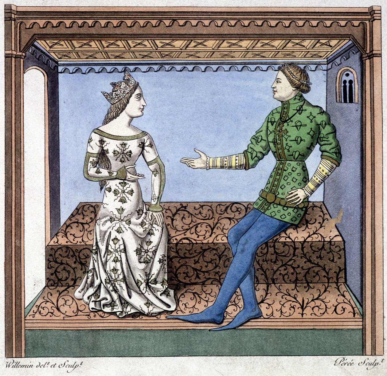 Lancelot og Guineèvre i samtale - utdrag fra Lancelot du lac, basert på dokument fra 1370. av Unknown artist