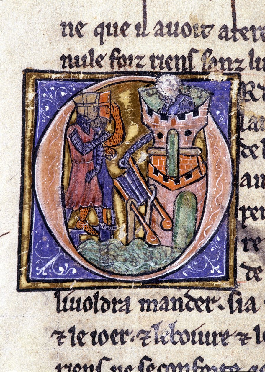 Lancelot på toppen av et tårn. Manuskript: Conquest of the Saint Gréal, skrevet 717 år etter lidenskapen til vår herre. Bibliotheque Municipale de Rennes, ms. 255 (Samling av romaner om det runde bord); Paris av Unknown artist