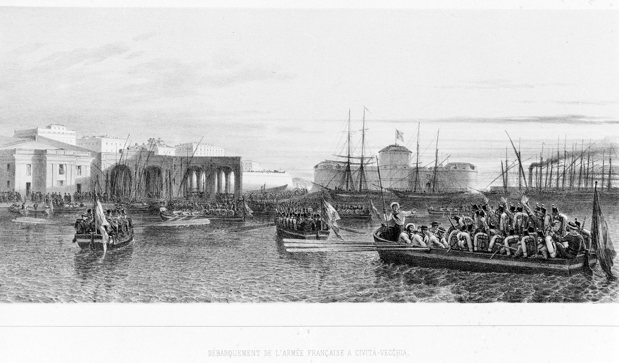 Landing av franskmennene ved Civitavecchia nær Roma i 1849. av Unknown artist