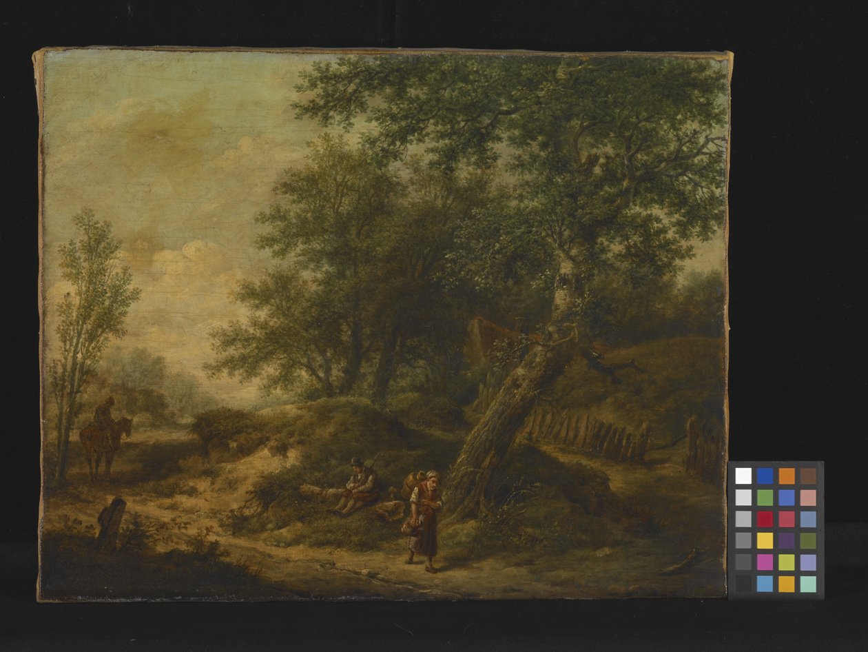 Landskap med hytte og reisende (olje på lerret) av Unknown artist