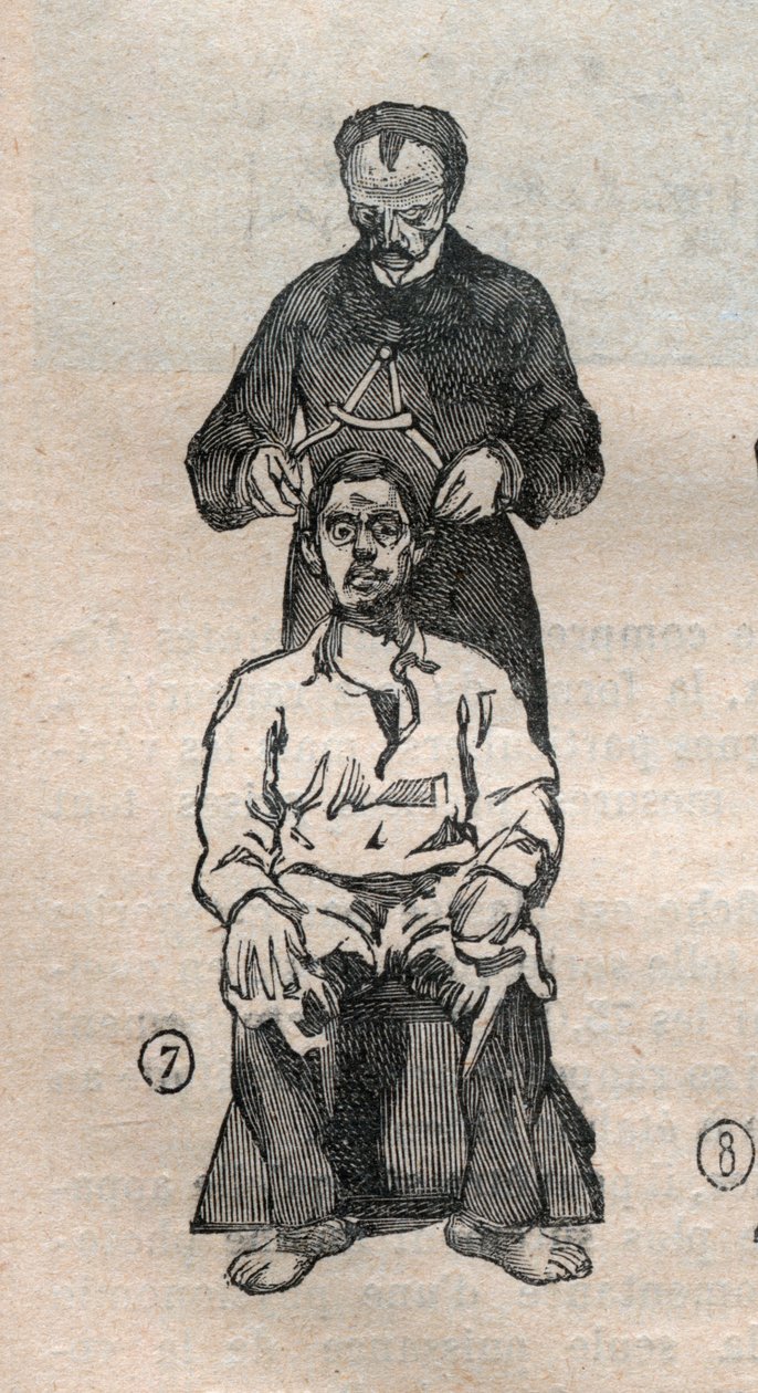 Rettsantropometri eller bertillonnage, metode av Alphonse Bertillon (1853-1914): måling av den tverrgående diameteren til hodeskallen - gravering i "" La Science francaise" av Unknown artist