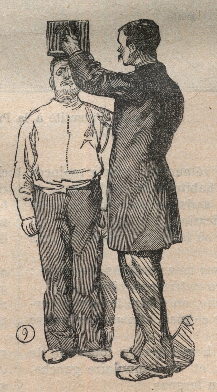 Rettsantropometri eller bertillonnage, metode til Alphonse Bertillon (1853-1914): høydemåling - gravering i "La Science francaise"" av Unknown artist