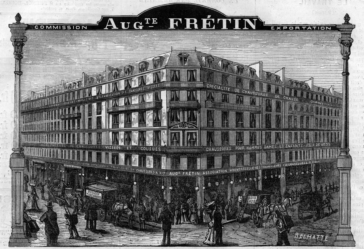 Stor Chausage Manufacture ""Auguste Fretin"", Paris VIth Arrondissement 64, rue de Rennes. Gravering fra 1883 av Unknown artist
