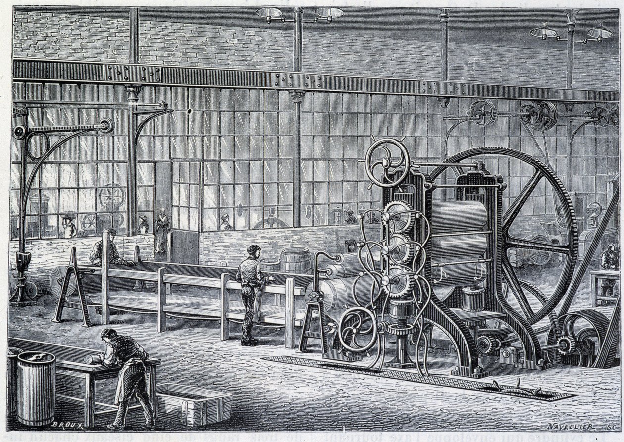 Stort valseverk for å redusere blokker av renset gummi til ark - i "" The wonders of the industry"" av Louis Figuier av Unknown artist