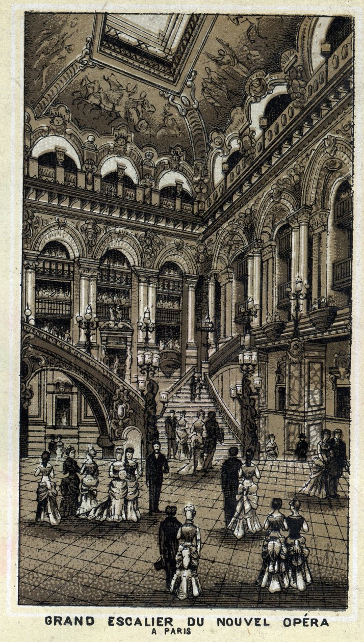 Large staircase of the new Opera (Opera Garnier) in Paris. av Unknown artist