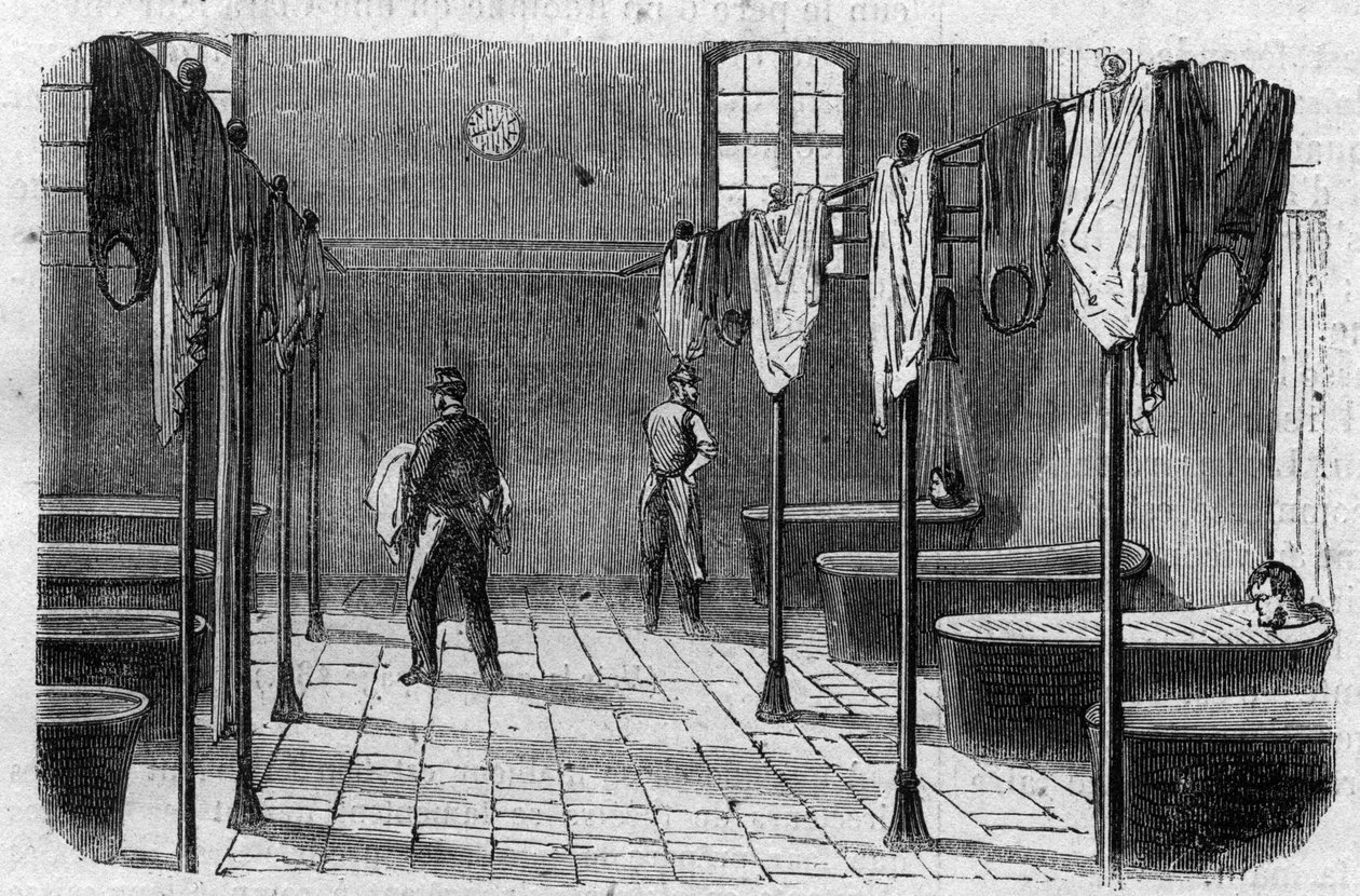 Sainte Anne (Sainte-Anne) asyl i Paris: badet - gravering i ""Le Journal Illustrée"" av Unknown artist