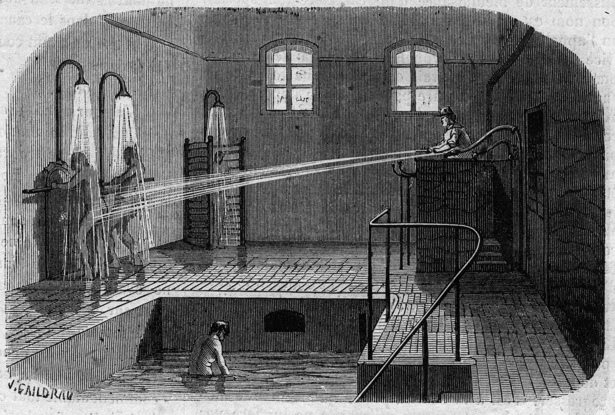 Sainte Anne (Sainte-Anne) asyl i Paris: Hydroterapi - gravering i ""Le Journal Illustre"" av Unknown artist