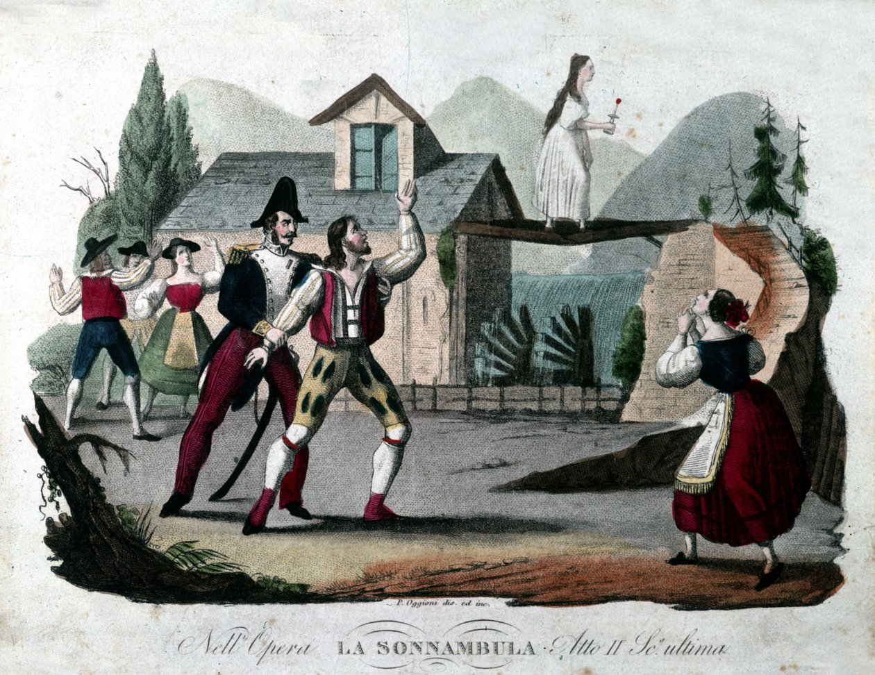 Siste scene i akt II av "La somnambule (La sonnanbula") av Vincenzo Bellini. Gravering fra 1835. av Unknown artist