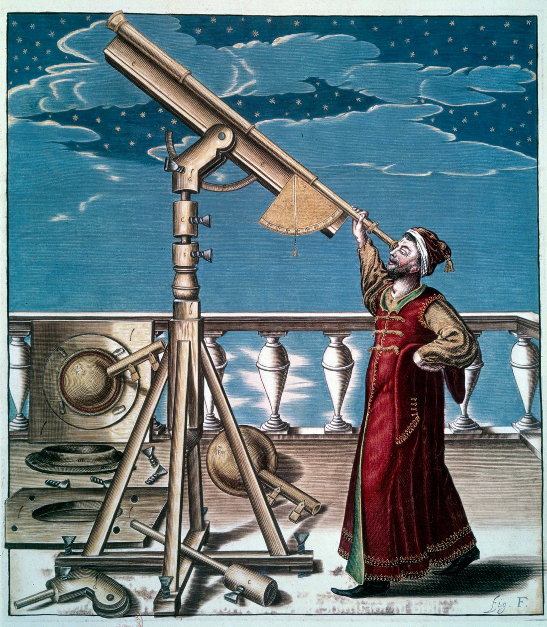 Astronomen: en mann ser på stjernene i den astronomiske rammen - Engraving du 17eme century - Paris, B.N. - Astronom: En mann ser på stjernene i teleskopet - Gravering av Unknown artist