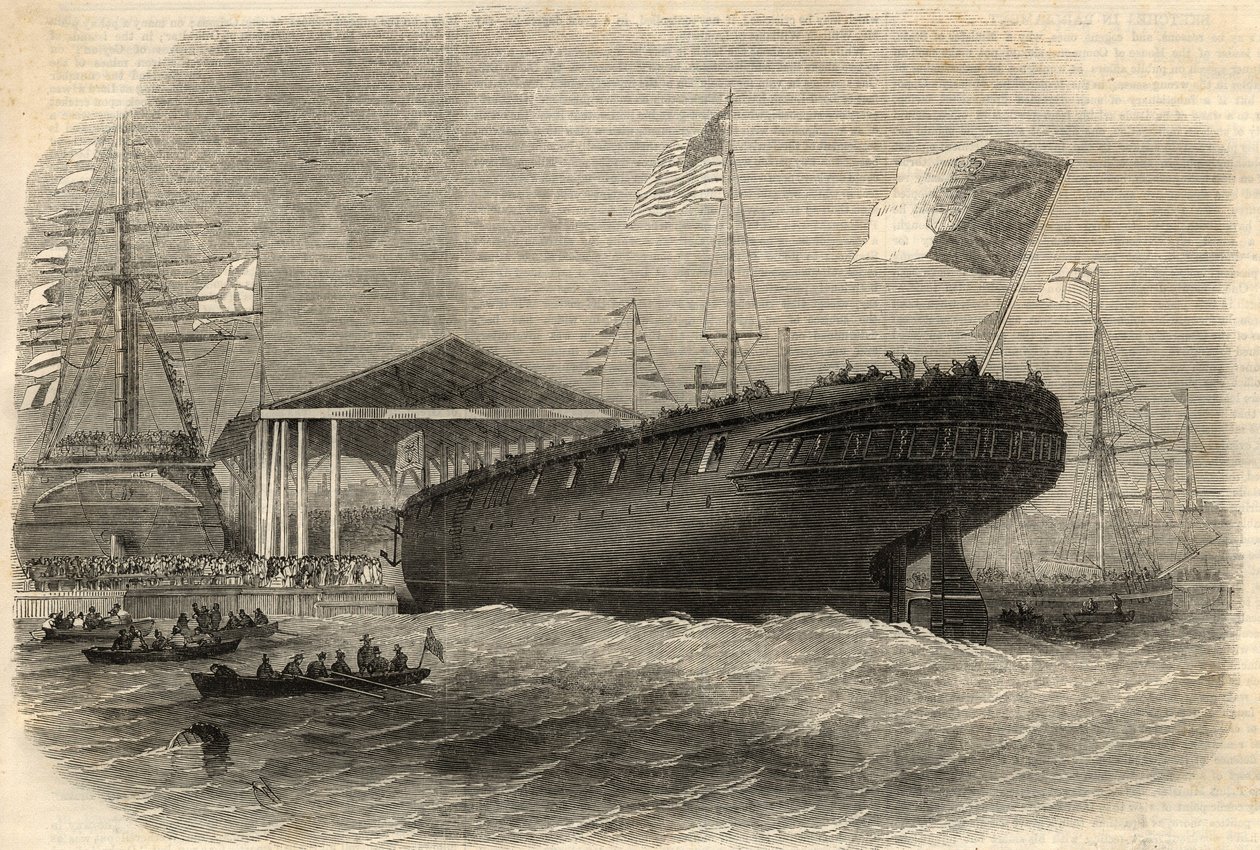 Lansering av den portugisiske korvetten "Sagres"" i Limehouse (London). Gravering i "" The Illustrated London News"" av 5. juni av Unknown artist