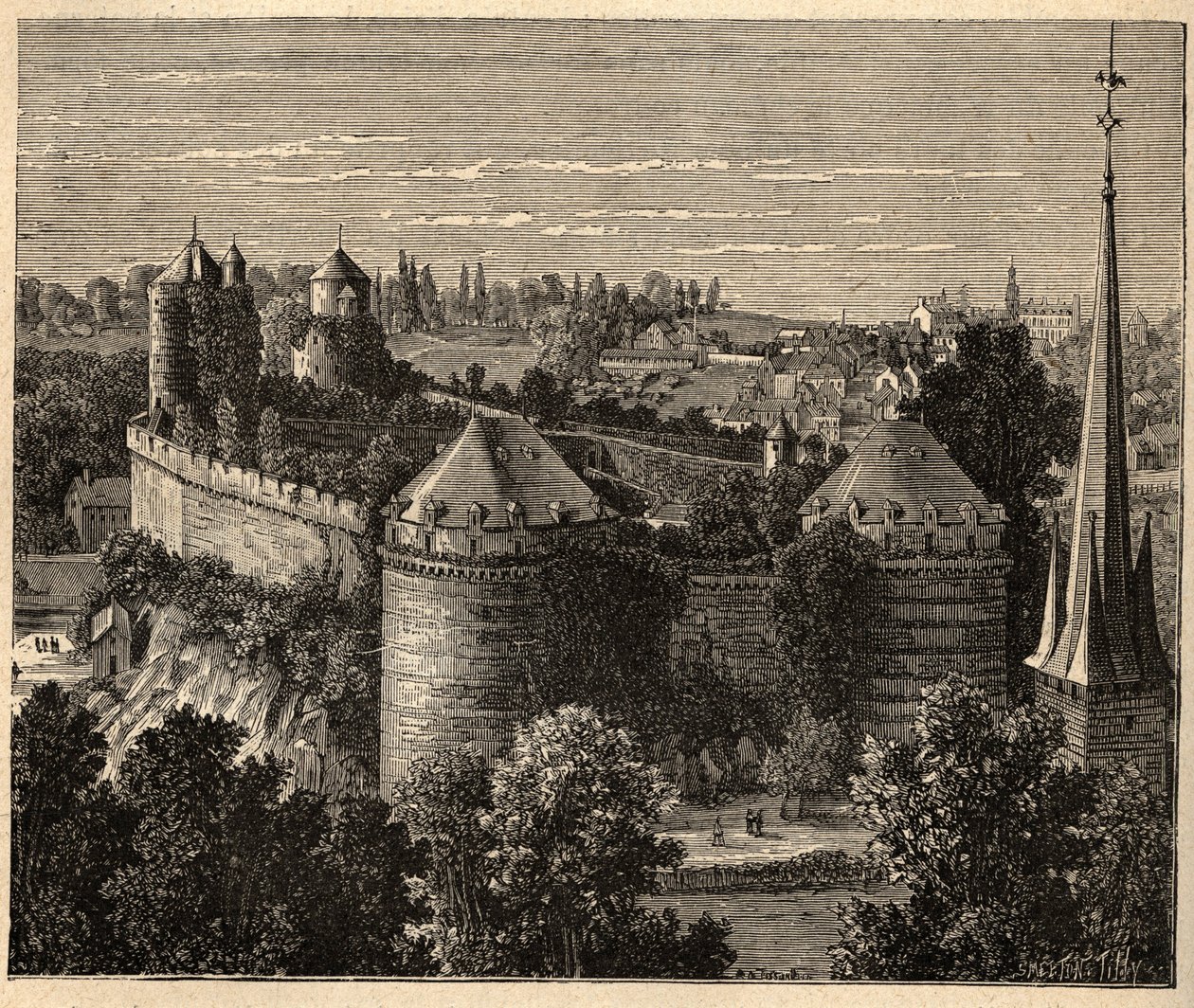 Le Chateau a Fougeres - Brittany - France - engraving in “” PATRIE” - DESCRIPTION PECTUREQUIREQUE DE LA FRANCE EN 6 VOLUES BY LUCIEN HUARD - end 19th century av Unknown artist
