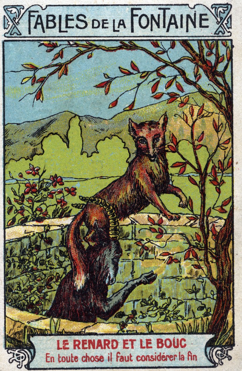 Le Fox et le Bouc - Fabler av Jean de La Fontaine (1621-95) - Kromolitografi fra slutten av 1800-tallets privatsamling av Unknown artist