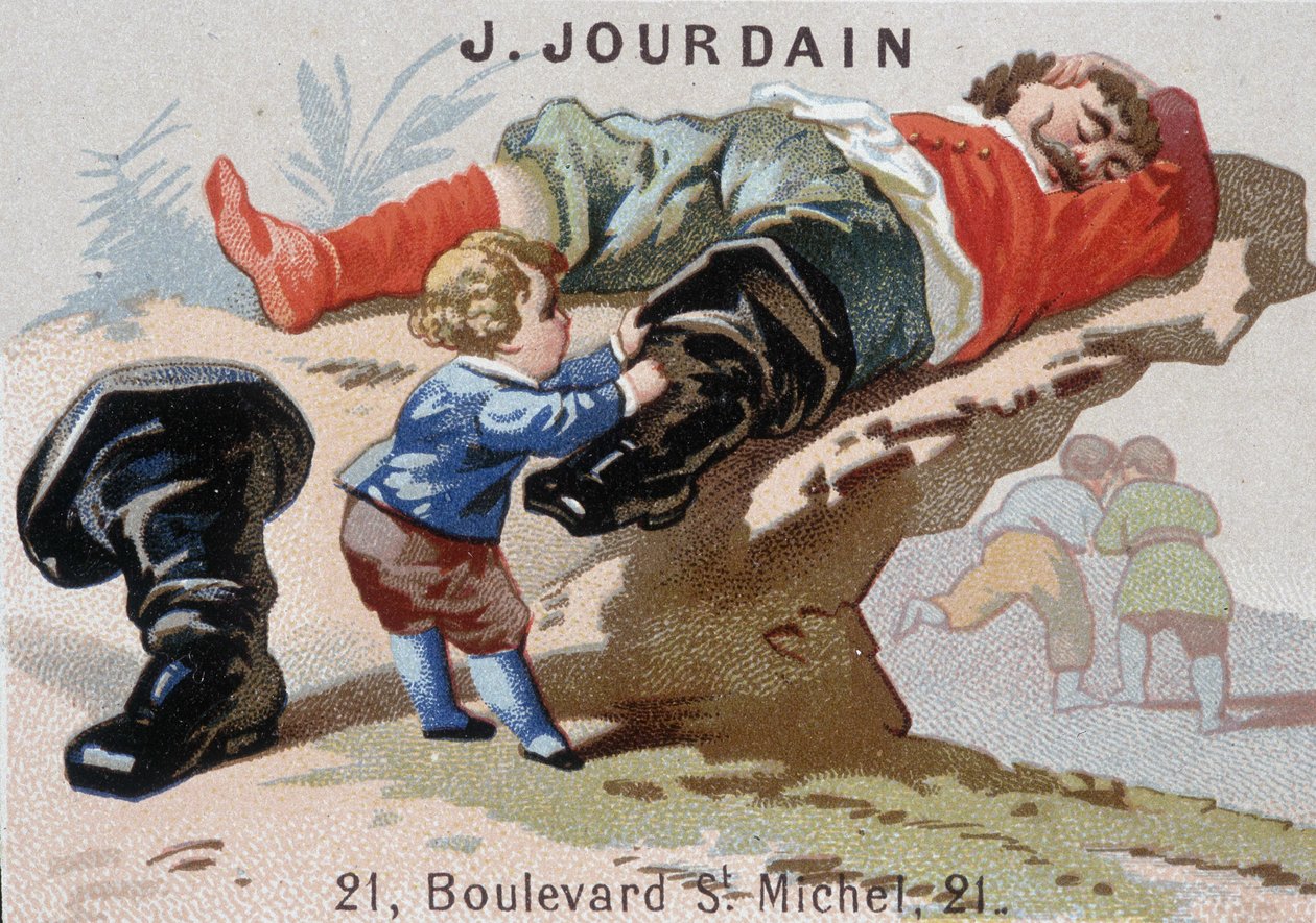 Le Petite Poucet fjerner sine syv-ligastøvler med asoupi-trollet - Annonsemerket Jourdain av Unknown artist