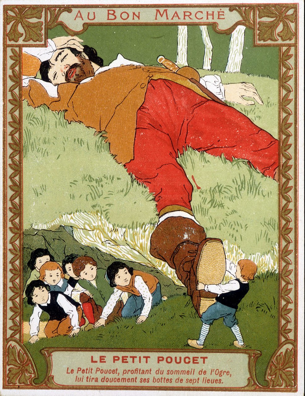 Le Petite Poucet tar av seg syv-ligastøvlene til assoupi-trollet - Bon Marché-reklamemerket, slutten av 1800-tallet av Unknown artist