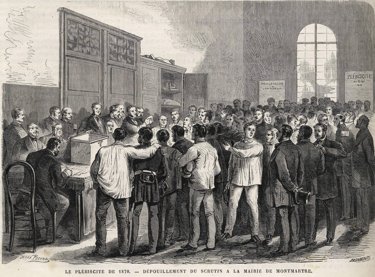Le Plebiscite de 1870, opptelling av stemmene i rådhuset i Montmartre. av Unknown artist