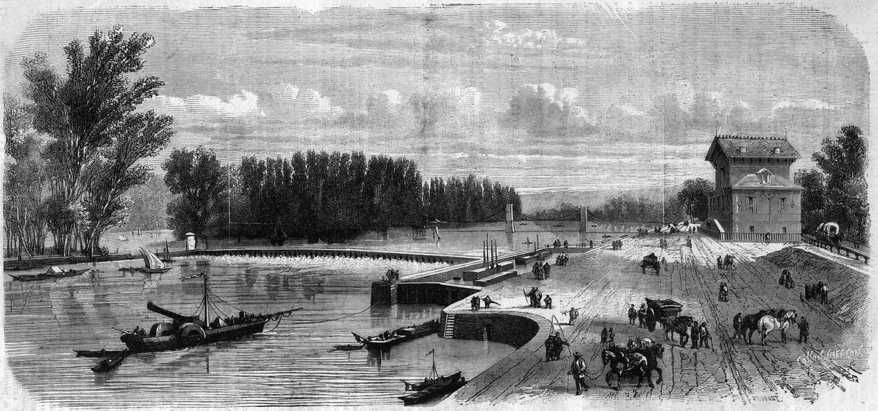 Suresnesdammen - gravering i ""Le Journal Illustrie"" av Unknown artist