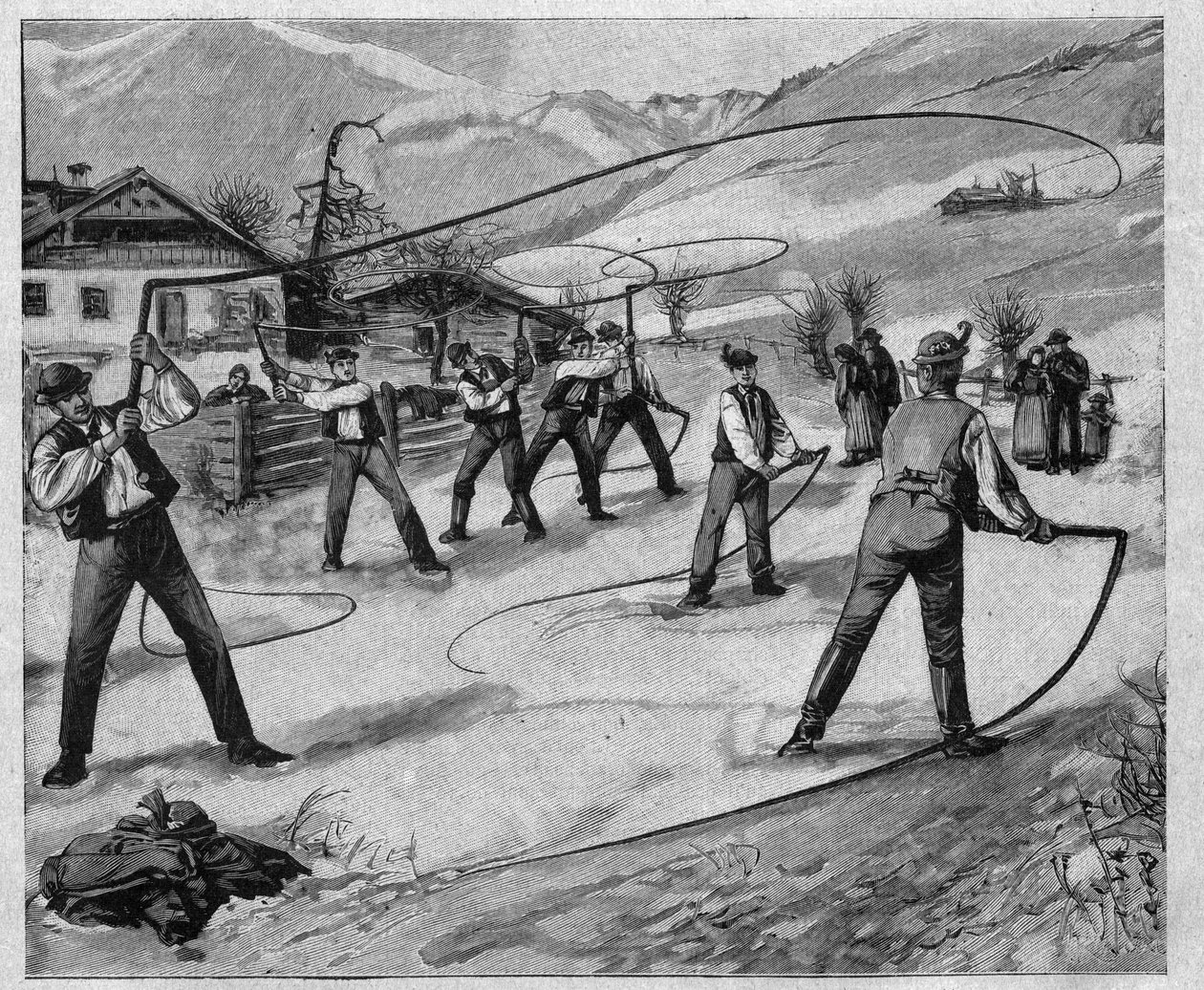 Le claqueurs du salzkammergut - salzkammergut: Flere søndager etter nyttår knekker de unge mennene i Salzburg (Østerrike) pisker for å vekke naturen fra vintersøvnen - gravering 1897 av Unknown artist
