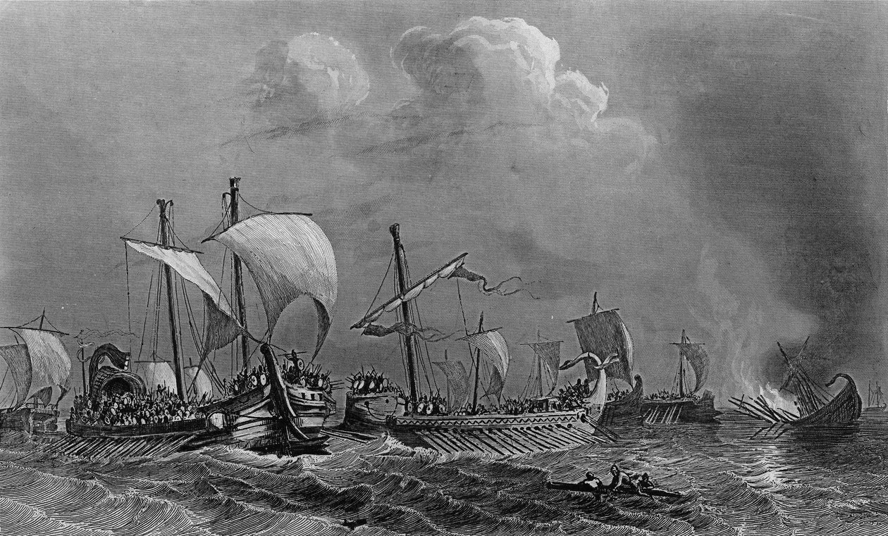 Kampen til Salamis og nederlaget til Xerces, 500-tallet. i "General History of the Navy" under ledelse av Mr. Van Tenac av Unknown artist