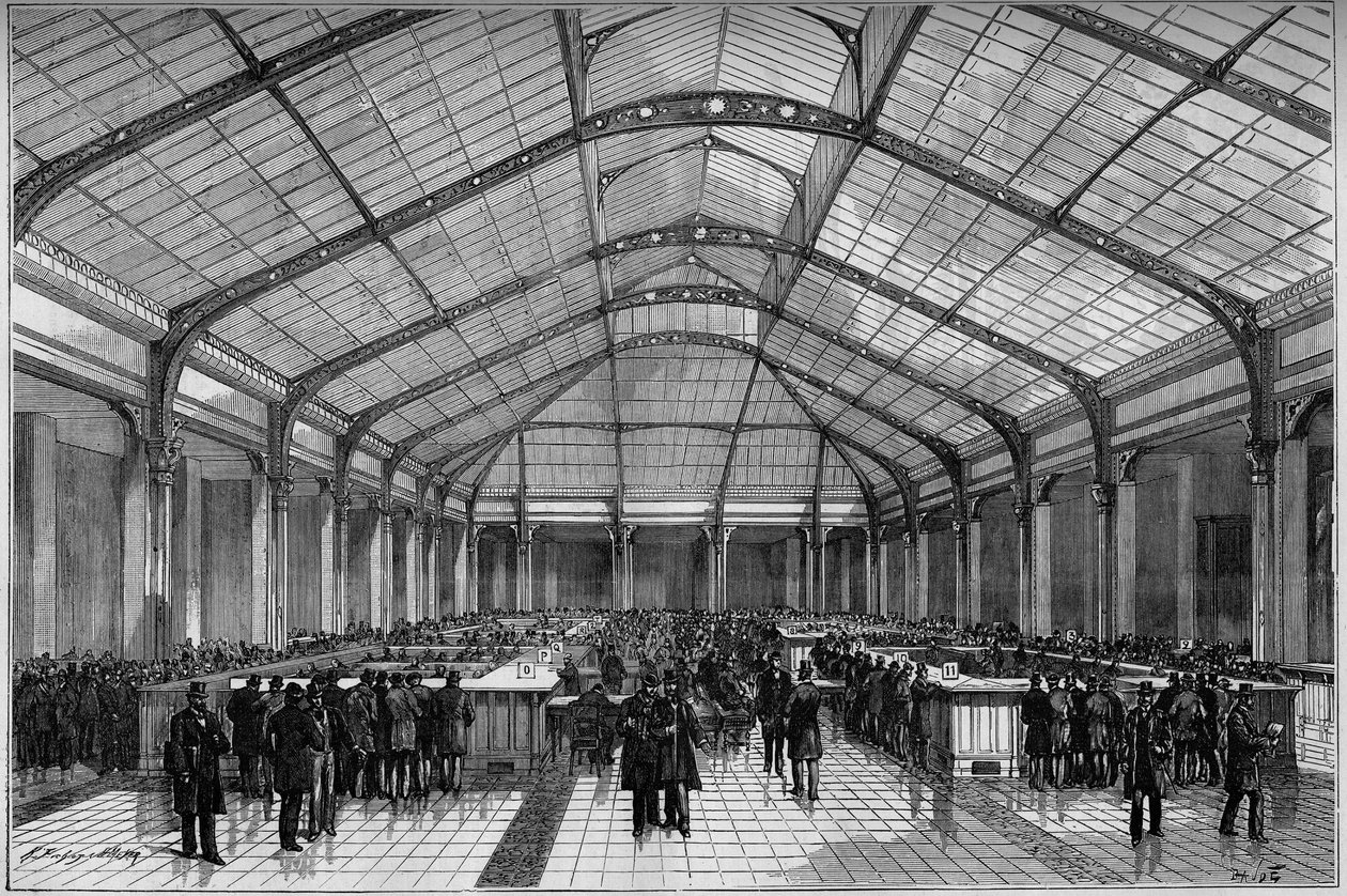 Le crédit foncier à Paris: la grande salle des caisses in 1883. av Unknown artist