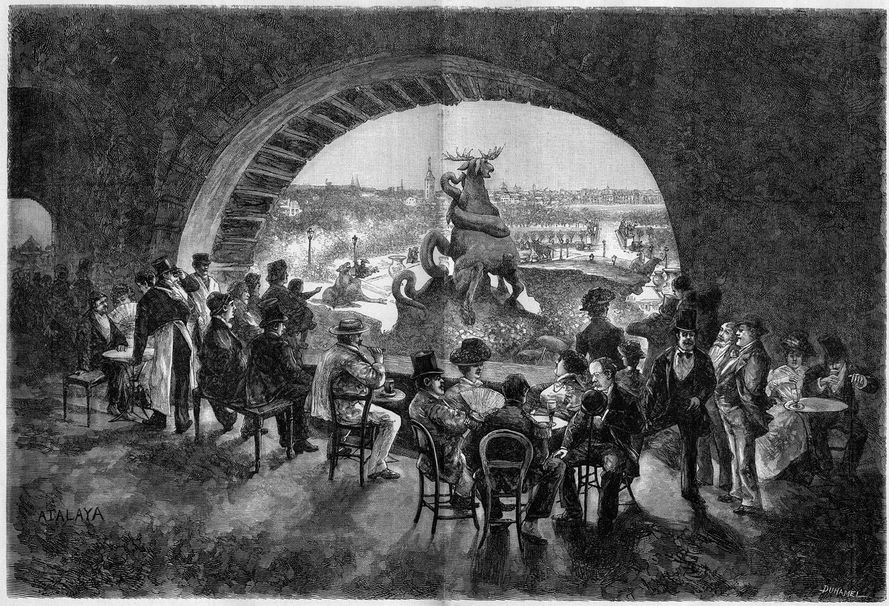 Undersiden av fossen i Trocadero-hagen under det varme været i Paris hvor parisiske turgåere kommer for å sitte i det kjølige. Gravering i ""The Illustrious World"" av Unknown artist
