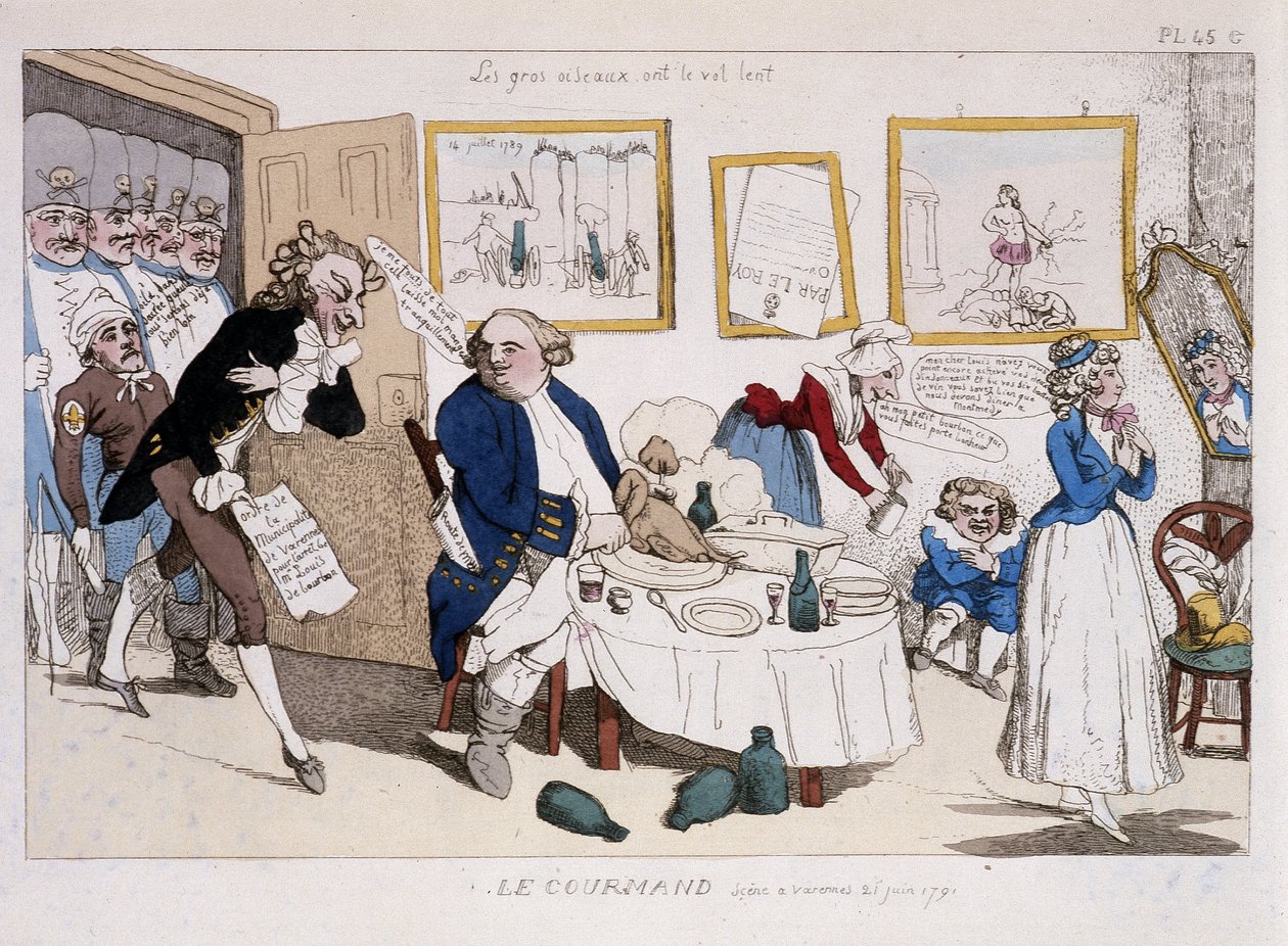 Le gourmand (måltid til Louis XVI og Marie Antoinette under flyturen til Varennes) - i "" Musée de la caricature"" av Unknown artist