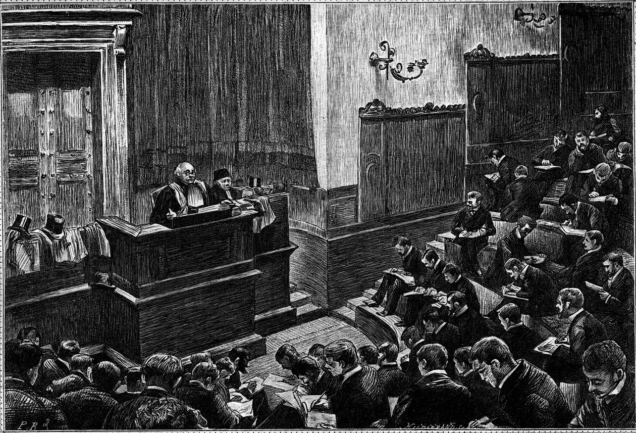 Det store amfiteateret ved Paris Law School, gravering i «Le journal de» La jeunesse» av Unknown artist