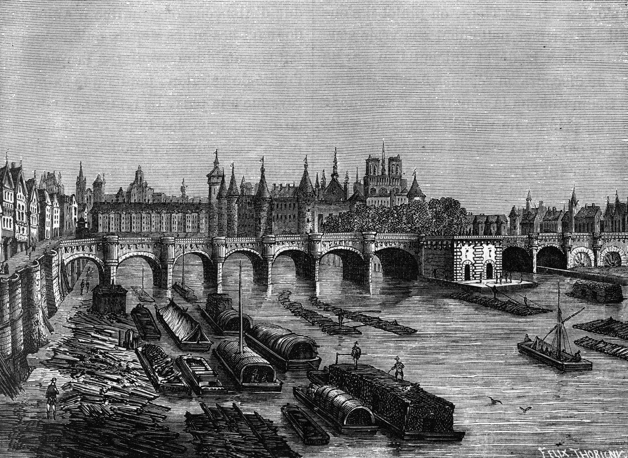 Pont Neuf i Paris under Henri III - i "" Histoire de France"" av Henri Martin, sd. 1800-tallet av Unknown artist
