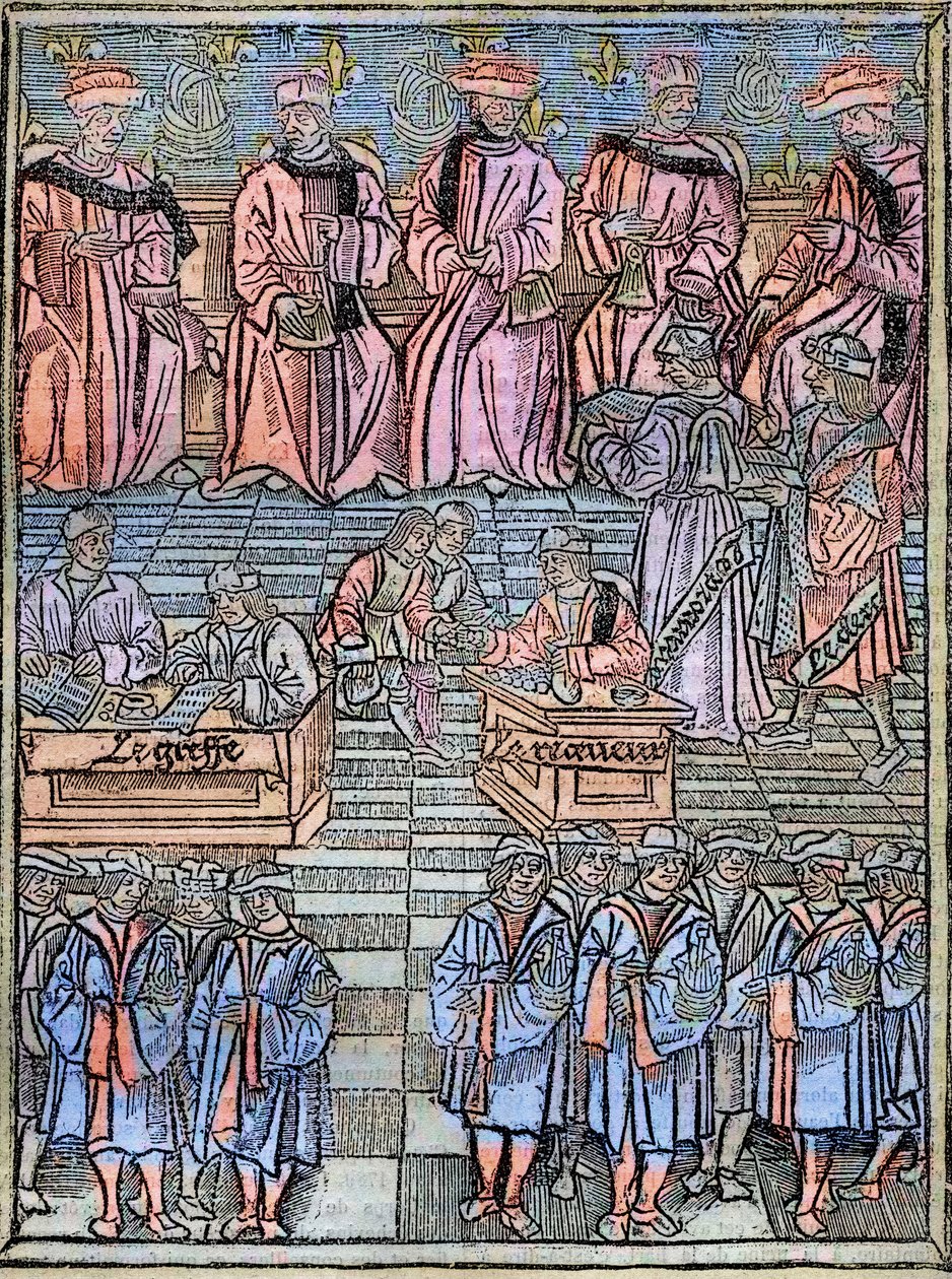 Le prevot des marchands et les echevins de Paris au 16eme-tallet gravering etter originalen fra 1528 - Provost for kjøpmenn og rådmenn i Paris, scene for skatteinnkreving, tittelside fra 