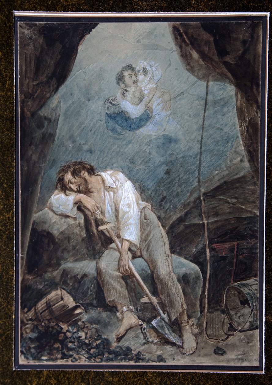 Le rêve de Volkonski (Drøm om Volkonsky) - Serguei Grigorievitch Volkonski (1788-1865), generalmajor for den keiserlige hæren til Russland og Decembrist, ble dømt til 20 års fengsel og internert i 1832 i festningen Chita og arbeidet i gruver av Unknown artist