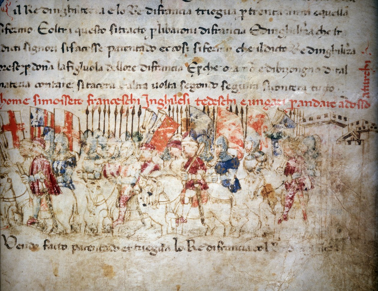 Liga av franskmenn, engelskmenn, tyskere og ungarere mot tyrkerne i 1391 - i "" Croniche del Sercambi"", ca 1400. Nasjonalarkivet, Lucca. av Unknown artist
