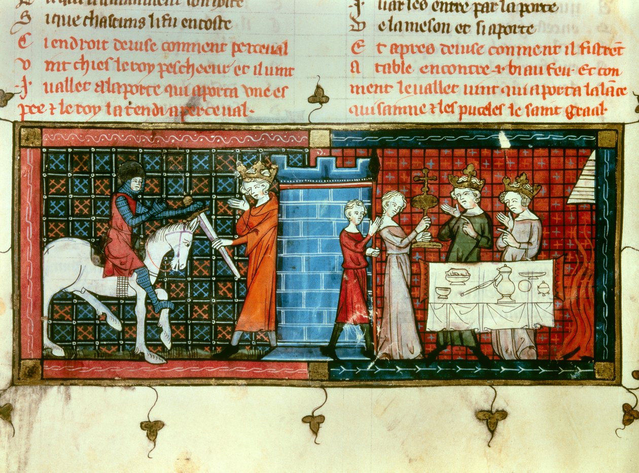Til venstre: Perceval mottar et sverd fra kong Pescheor. Til høyre: Prosesjon av den hellige gral. Miniatyr fra "" Tale du Grail"" av Unknown artist