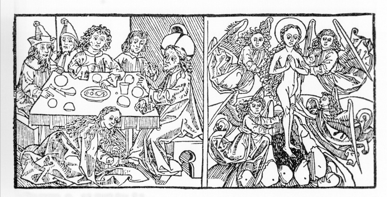 Til venstre: Den hellige Maria Magdalena tørker Jesu føtter med håret. Til høyre: Maria Magdalena stiger opp til himmelen. Manuskript fra 1488 trykt i Nürnberg. Gravering fra "Leben der Heiligen - sommerteil" (Helgenens bok) av Jacobus (James) av Vora av Unknown artist
