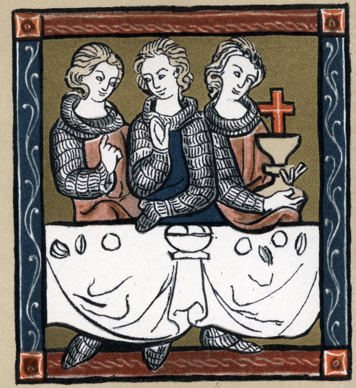 Legend Arthurian: Galahad (Gaalad or Galaad), Perceval and Bohort (Bors or Borrt) with the Holy Grail. In “” Geschichte der Franzosischen Literatur”” by Hermann Suchier av Unknown artist