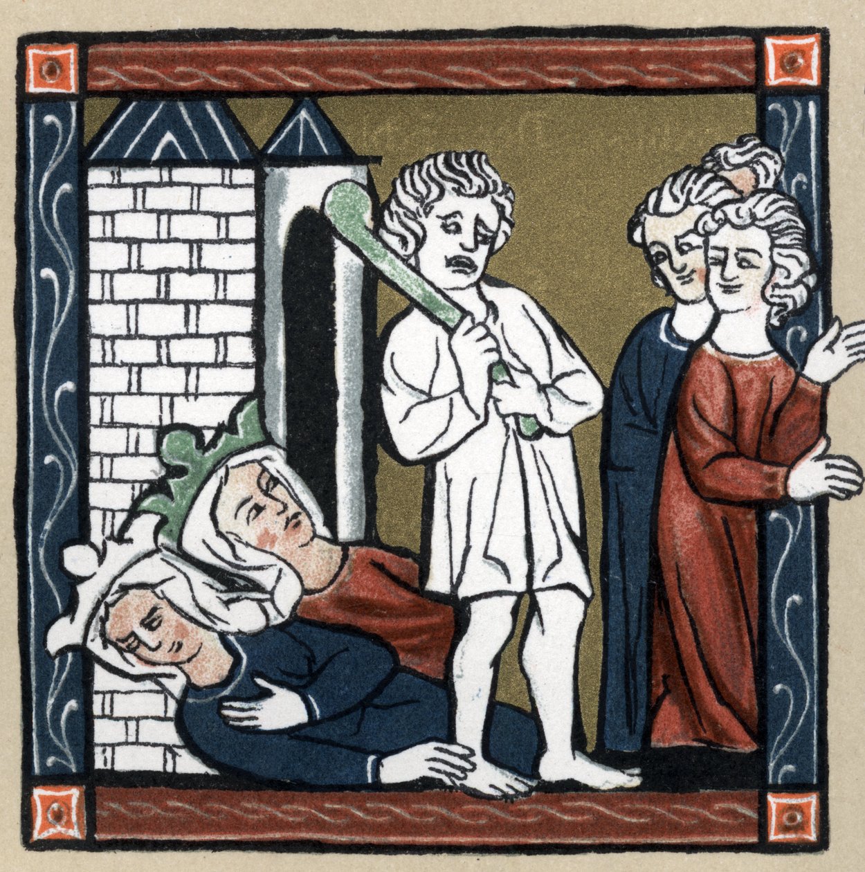 Legend Arthurienne: Lancelot du lac levere Dronning Guenievre og hennes venn av slottet som faller besvimte og innbyggerne flykter. I "History of French Literature" av Hermann Suchier av Unknown artist