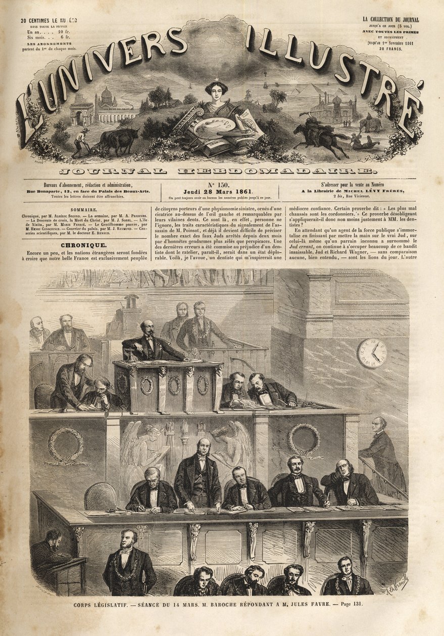 Lovgivende organ - sesjon 14. mars 1861 - Pierre Jules Baroche (1802-1870) svar på Jules Favre (1809-1880) - Det illustrerende universet fra 1861 av Unknown artist