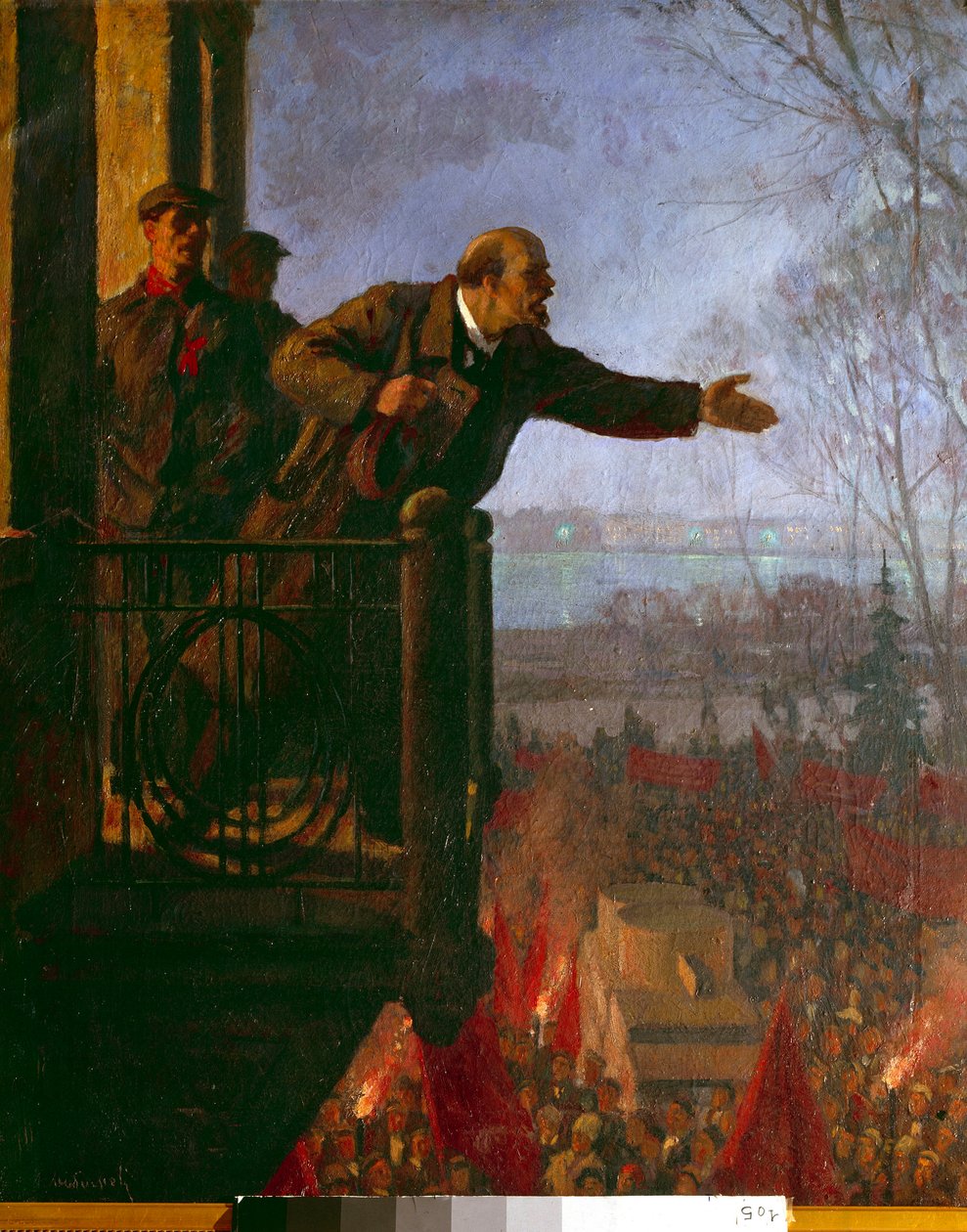 Lenin på balkongen i Csechinskaia-huset om natten, april 1917 (olje på lerret) av Unknown Artist