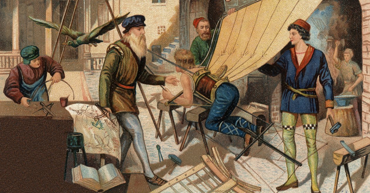 Leonardo da Vinci (Leonard de Vinci 1452-1519) eksperimenterer med sin flygemaskin. Kromolitografi fra 1800-tallet. av Unknown artist