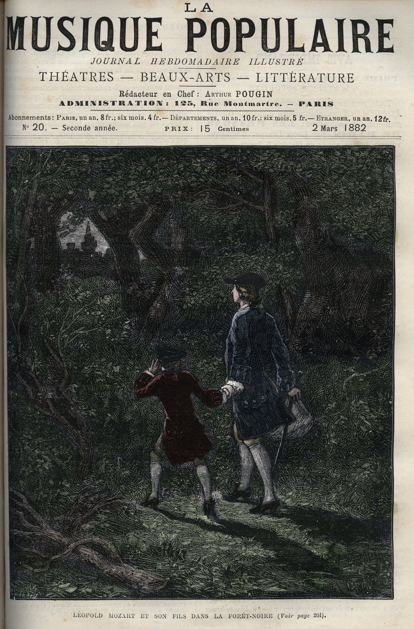 Leopold Mozart and his son Wolfgang Amadeus in the black forest - Leopold Mozart and his son Wolfgang Amadeus in the black forest in Germany - engraving in “” Popular music””” illustrious weekly newspaper - 1882 av Unknown artist
