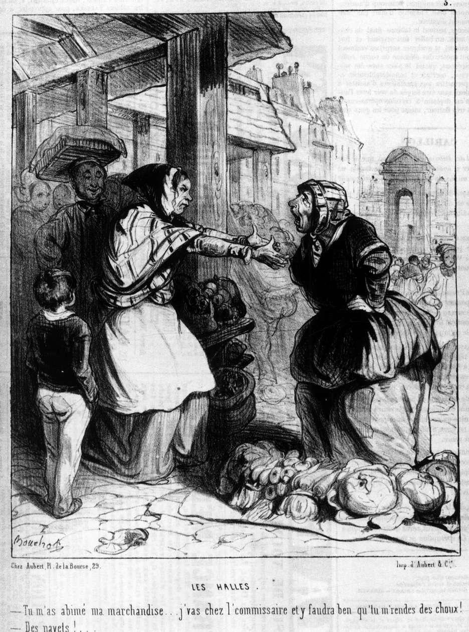 Les Halles - Marchandes krangler ved Halles de Paris, -i "" Charivari"" av 14/10/1844. av Unknown artist