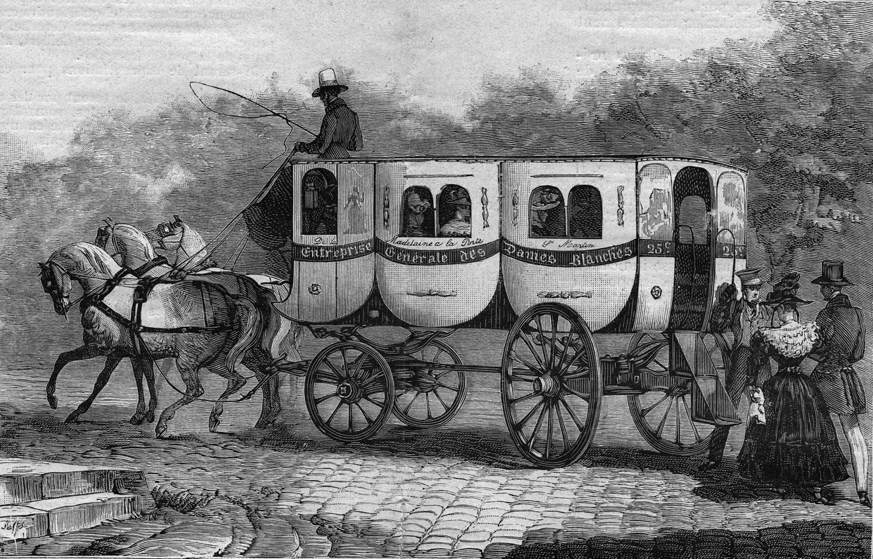 Les Omnibus de Paris in the 19th century: la dame blanche - engraving from 1892 av Unknown artist